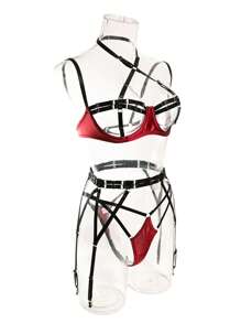 性感情趣内衣吊带镂空豹纹露胸性感内衣套装，女士情人节礼物：性感写真 - 紅色 - 查看 7