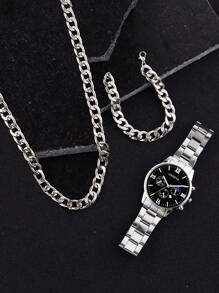 3 pièces/set Montre à quartz en acier inoxydable, bracelet et collier pour hommes et garçons, style décontracté et sportif