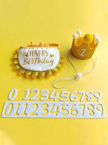 3pcs/Set Cartoon Pet Birthday Accessory Set - Party Holiday Woven Pet Decorations Include Crown, Drool Bib And Number Sticker, Suitable For Small To Medium Cats And Dogs, Year-Round Use - No Battery Required - Multicolor - View 13