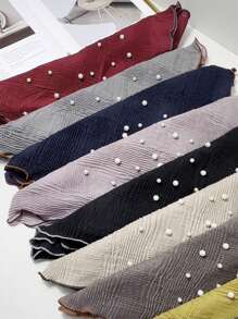 1pc New Spring/Autumn Solid Color Beaded Silk Scarf, Elegant Fringed Crinkle Linen Headscarf & Neck Warmer - Multicolor - View 4