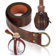 3pcs Viking Leather Waist Belt Pouch Set, Medieval Style Bottle Costume Accessories Viking Belt Kit, With Bottle For Viking Warrior Cosplay Halloween Costume Props Prom - Brown - View 2