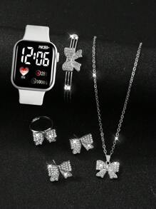 6 pièces Ensemble de montre numérique à cœur blanc et chiffres de style sport pour femmes + Ensemble de bijoux élégant avec papillon en strass