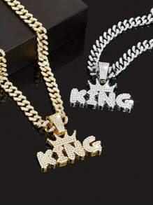 1 件 Bling-Bling “King” 字母设计吊坠项链，迈阿密/链，街头朋克嘻哈风格，摇滚乐队珠宝礼物，情人节礼物，派对时尚珠宝 - 彩色 - 查看 7