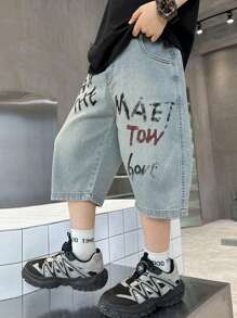 Tween Boy Casual Loose Letter Print Denim Shorts, Summer - Blue - View 4