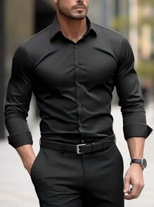 Men's Solid Color Casual Formal Dress Shirt, For Fall, Long Sleeve Top - Black - View 2