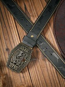 1pc Men's Bohemian Western Cowboy Style Buckle Belt, Vintage Dark Brown Pu Casual, Business, Boyfriend Husband Father Dad Men Gift, Daily Wear, Fashion, Teen, Outdoor, Vacation, Athletic, Travel, Street, Boho, Vintage Fall, Autumn, Halloween Autumn-Winter Accessories, Suitable For Teens, Youth, Men, Casual, Outdoor, Athletic, Vacation, Graduation Gifts, Birthday, Daily Wear - As Shown - View 9