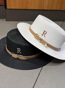1pc Women's Leather Buckle Strap Letter Decor Straw Hat, Fashionable, Generous, Sweet & Cute, Suitable For Beach, Vacation And Daily Matching, UV Protection - Straw Hat - View 1