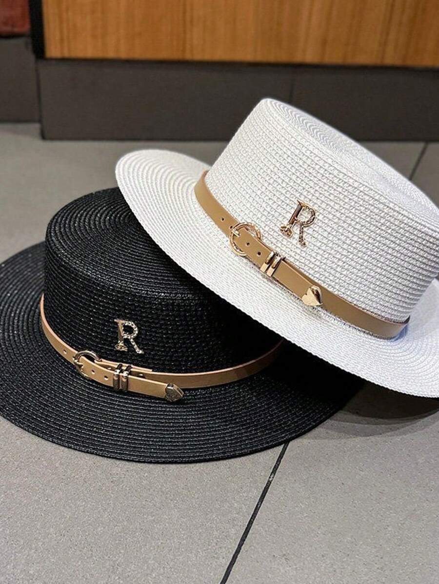 1pc Women's Leather Buckle Strap Letter Decor Straw Hat, Fashionable, Generous, Sweet & Cute, Suitable For Beach, Vacation And Daily Matching, UV Protection - Straw Hat - View 1