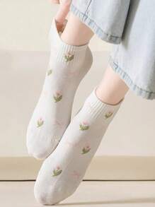 5 pares de calcetines de mujer para primavera y verano, con diseño de flores de tulipán y estilo simple y moderno, suaves, transpirables y con absorción de sudor, para uso diario y deportivo de corta longitud