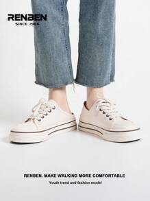 RENBEN 1 双 HABB 女士帆布鞋，2025 年春季新款，一脚蹬款式，百搭时尚，厚底，适合休闲、休闲 - 米色 - 查看 12