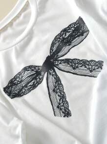 2 件套青少年女孩针织短款短袖上衣配蕾丝蝴蝶结、条纹阔腿裤套装，夏季 - 白色 - 查看 3