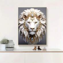 1pc, Animals Posters, White Lion Wall Arts, Golden Luxury Jewelry And Lions Decorative Painting, For Porch, Living Room, Office, Kitchen, Home Wall Decor, Gifts For Friends, No Frame Birthday Graduation