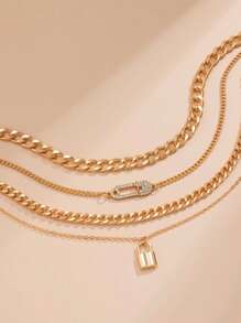 4pcs Rhinestone Pin & Lock Decor Necklace - Gold - View 3