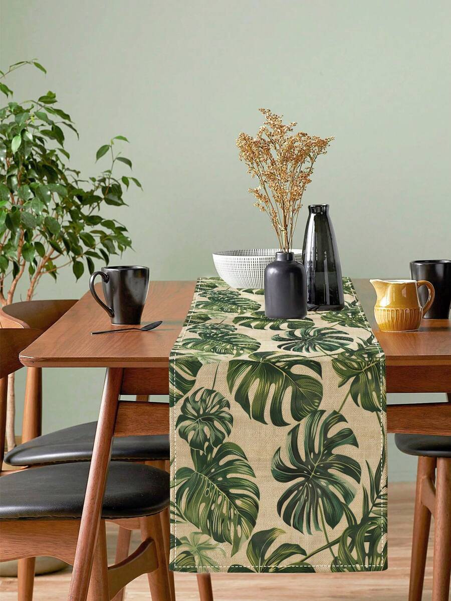 1pc Green Turtle Back Bamboo Leaf Table Runner - Made Of Polyester, Suitable For Kitchen, Party, Dining Room And Picnic - Decorative For All Seasons - Green - View 1
