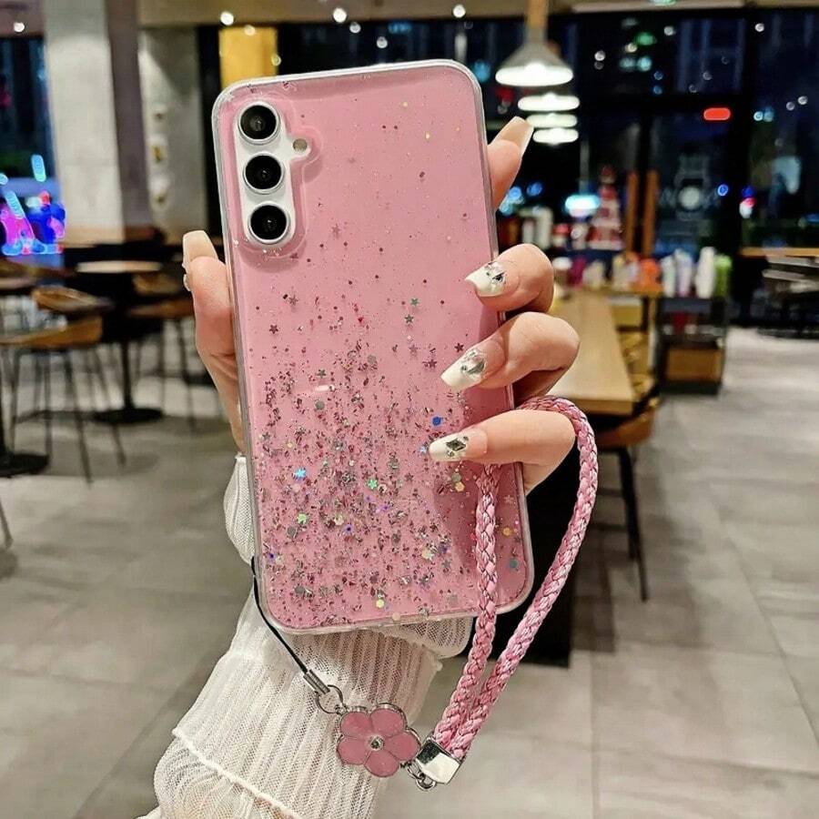 Sequins 1 Set Galaxy Glitter Clover Strap Mobile Phone Case Compatible With Samsung Galaxy S8, Apple 16, Redmi Note 11 4G, OPPO A54, Infinix Smart 8/Infinix Hot 40i/ Spark 20/ Spark 20C/ Spark Go 2024 Waterproof Shockproof Anti-Fall Scratch Resistant - Pink - View 1