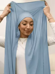 2pcs Simple Beanie Hat + Lightweight Chiffon Scarf Set, Suitable For Daily Use - Blue - View 1