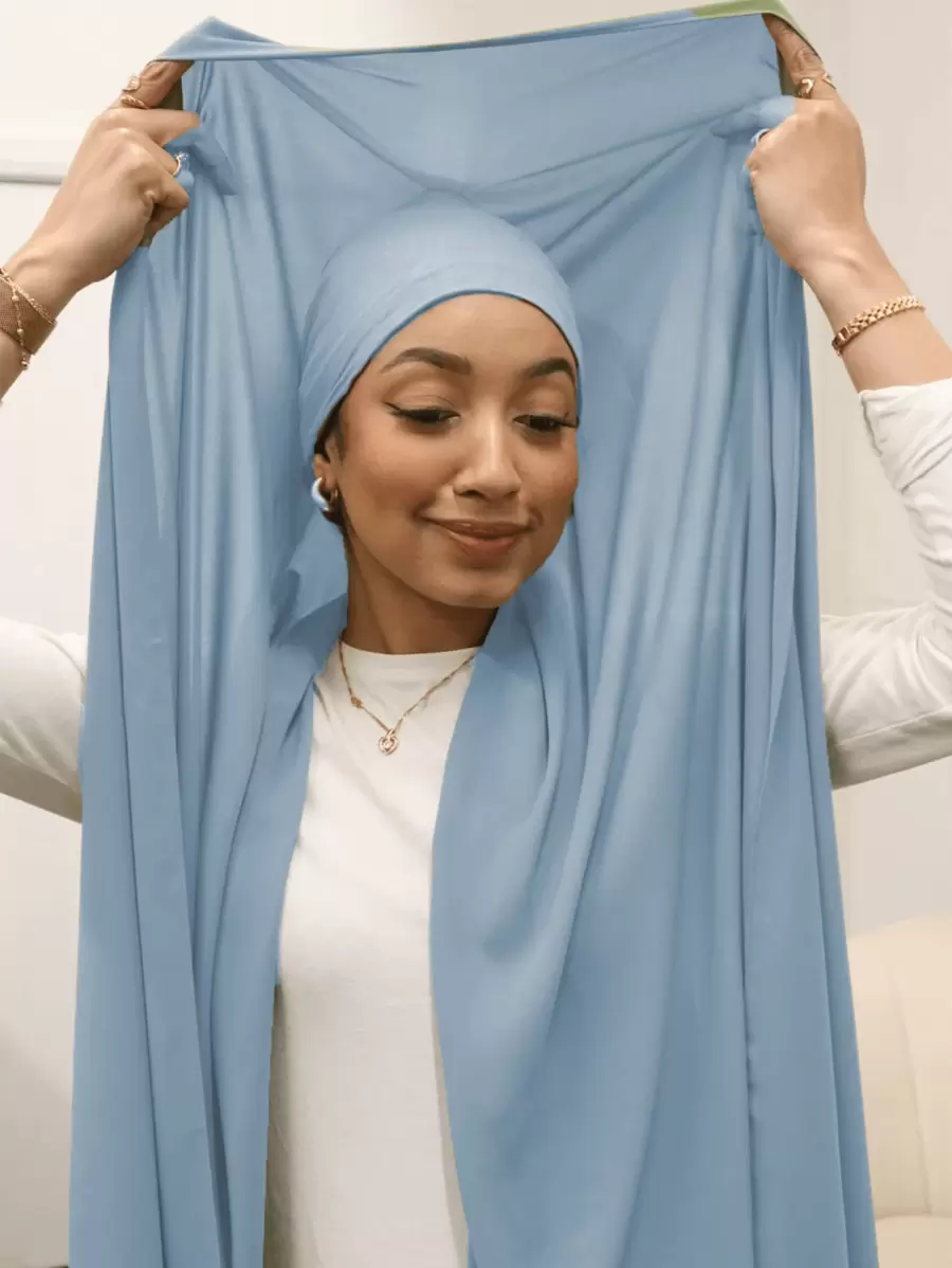 2pcs Simple Beanie Hat + Lightweight Chiffon Scarf Set, Suitable For Daily Use - Blue - View 1