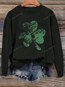 Women's Lucky Clover Pattern Printed Green Casual Sportswear, Full Of Spring And Autumn Vitality, Showcasing Youthful Style Round Neck Sportswear Long Sleeve Hoodie, St. Patrick's Day Costume, Suitable For Daily Wearing Pattern Casual Women's Wear