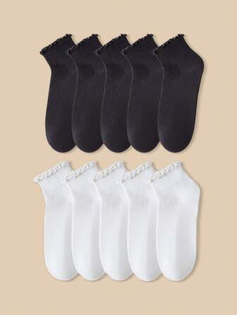 10 双黑白荷叶边透气短袜，JK 款女款