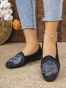 Giày lười đế xuồng đế xuồng thời trang thoải mái mũi tròn họa tiết hoa hồng đính đá Rhinestone, đa năng cho mọi mùa - màu đen - Xem 4