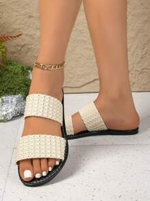 Plus Size Women Flat Slippers, Simple & Elegant Soft Bottom Comfortable Elastic Straps With Metallic Thread Detail - Khaki - View 5