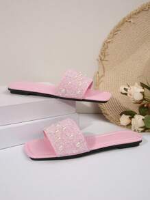 Women's Plus Size Flat Sandals, Casual Resort Style Summer Outdoor Wear, Rhinestone Decor - Pink - View 3