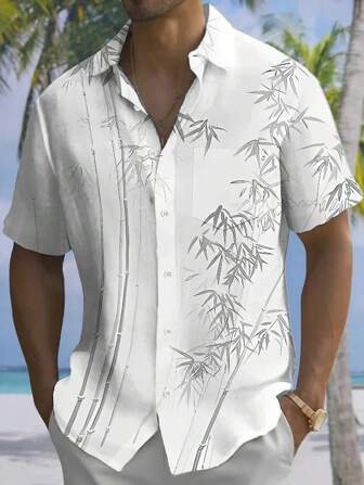 Hawaiian Bamboo Leaf Print Men's Button Pocket Short Sleeve Shirt