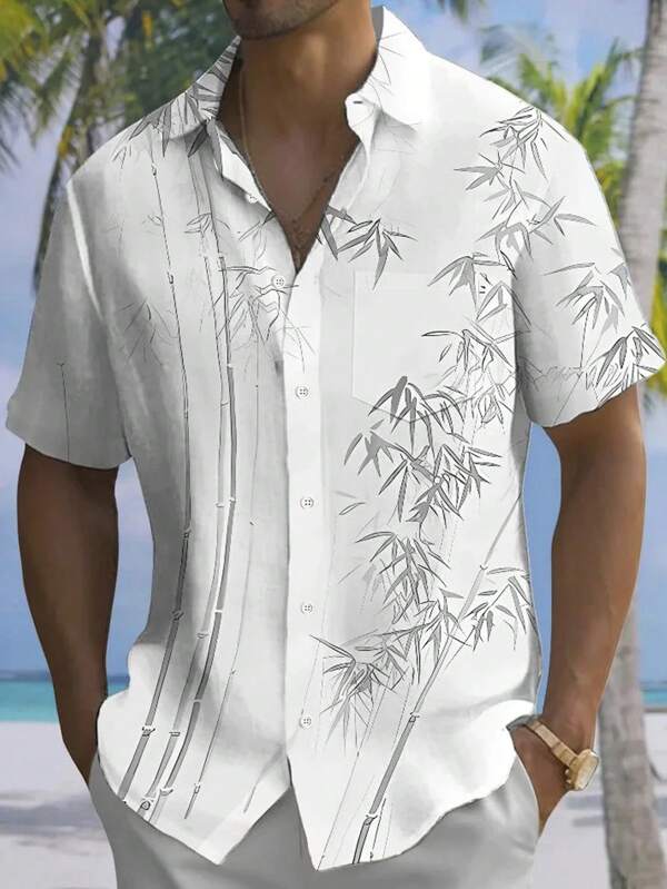 Hawaiian Bamboo Leaf 3D Digital Print Men's Button Pocket Short Sleeve Shirt