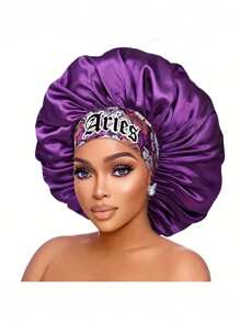 1 件紫色波西米亚风格女士发饰基本款缎面帽 12 星座个性化印花缎面宽边弹力睡帽