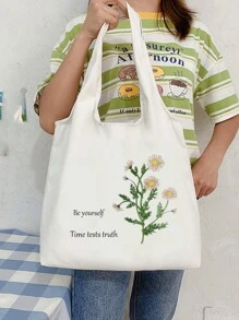 1 件定制时尚帆布手提袋，花卉和文字设计，独特，礼物，大容量，轻便，购物，杂货，可折叠，个性化字母，名字，口号，适合外出，休闲，学校，办公室，存储 - 白色 - 查看 2