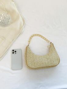 Fashion Solid Color Metallic Chain Crescent Moon Convertible Handbag For Women - Khaki - View 6