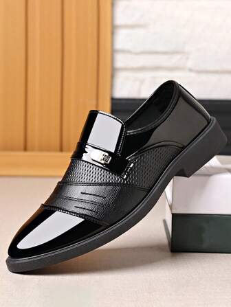 Men's Glossy Black Slip-On Formal Dress Shoes For Business/Wedding