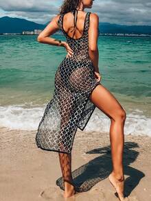 Women's Hollow-Out Knit See-Through Swimsuit Cover Up Dress For Beach/Resort - Black - View 4