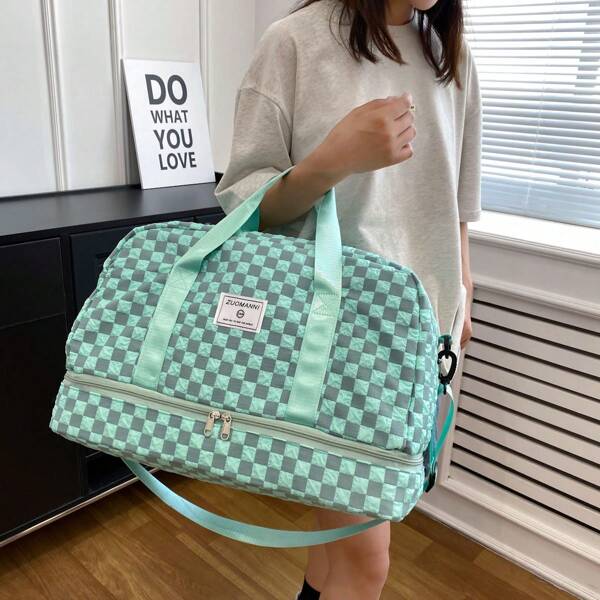 Portable Checkerboard Pattern Sports Gym Bag, Large Capacity Travel Duffle Bag, Lightweight Weekender Overnight Bag