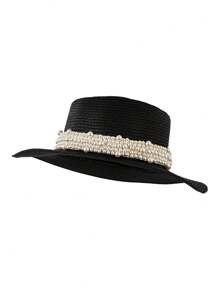 1pc Elegant Bohemian Solid Beaded & Pearl Decor UV Protection Round Top Straw Sun Hat, Fashion & Versatile For All Seasons - Straw Hat - View 16