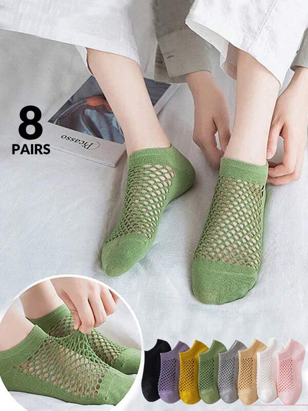 8 pares de meias femininas casuais de malha respirável de verão com decote baixo, meias invisíveis, meias com forro de controle de odor confortáveis de cor sólida