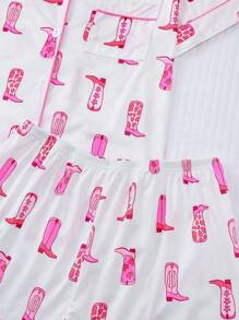 Marira 2pcs Women Boot Print Pajama Set, Short Sleeve Button-Up Shirt Collar Top And Elastic Waist Shorts, Casual Loungewear Sleepwear For Holiday Party, Home & Outdoor Use All Season - White - View 6