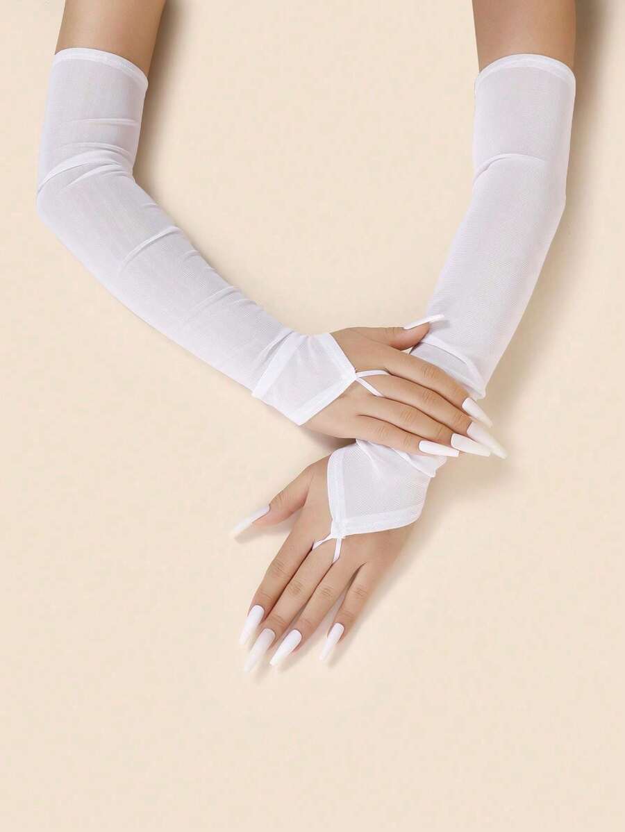 1 Pair PU Long Arm Warmers With Fingerless Design, Shiny Long Sleeve Gloves For Formal Occasions - White - View 1