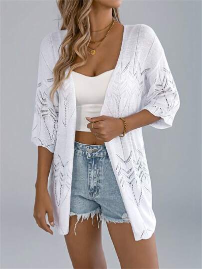 Women Summer New Hollow Out Short Sleeve Knit Cardigan, Vacation Beach Lightweight Outwear