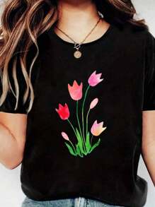 Graphic Women's Vintage Watercolor Tulip T-Shirt, Short Sleeve Crew Neck Shirt,Cotton Top For Women - 黑色 - 查看 1
