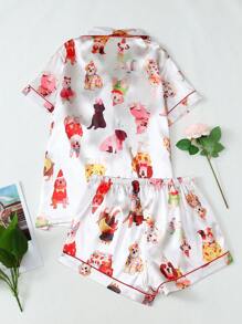 狗印花女士府绸短袖短裤睡衣套装