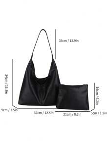 Set Of 3-In-1 Casual Women Handbag, Large Capacity, Solid Color PU Leather, Shoulder/Underarm/Clutch Bags - Black - View 2