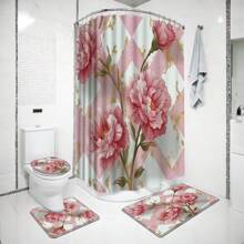 Juego de 1/4 cortinas de ducha para el Día de la Madre, con flores brillantes, para el Día del Presidente, lluvia de primavera, impermeables, estampados con estilo y funcionales, para decoración del hogar, para cada baño, ducha y bañera, con 12 ganchos y tapete de baño lavable a máquina, multiestilo