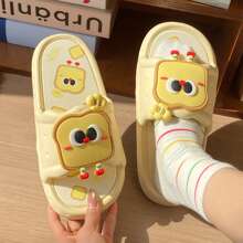 卡通面包图案防滑拖鞋，2024夏季户外室内休闲情侣拖鞋，时尚可爱 - 卡其色 - 查看 5