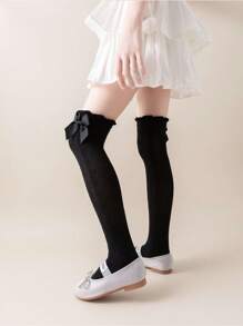 1 Pair Girls Spring/Summer Style Black Bow & Heart Pattern Design Knee-High Socks, Fashionable & Comfortable, Suitable For Various Occasions - Black - View 2