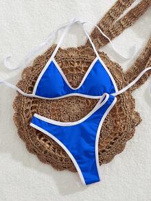 PEPPERMOLLY New Soft Solid Color Halter Tie-Up Sexy Bandage Bikini, Women's Summer Beach Fashion Swimsuits - Blue - View 3