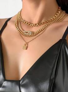 4pcs Rhinestone Pin & Lock Decor Necklace - Gold - View 2