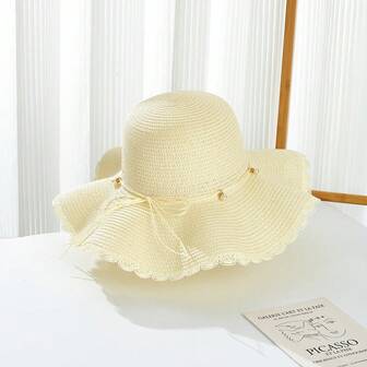 1 件女士蝴蝶装饰休闲优雅草纸串珠蝴蝶结 UPF 太阳帽，宽边，春夏