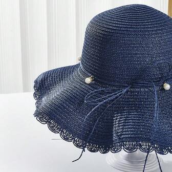 1 件优雅休闲蝴蝶珠草帽，大帽檐，女士防晒，春夏季