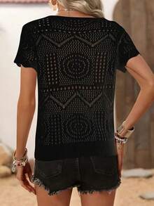 纯色镂空钩针上衣，休闲针织圆领短袖，薄款透气面料，适合春夏季，女士 - 黑色 - 查看 3